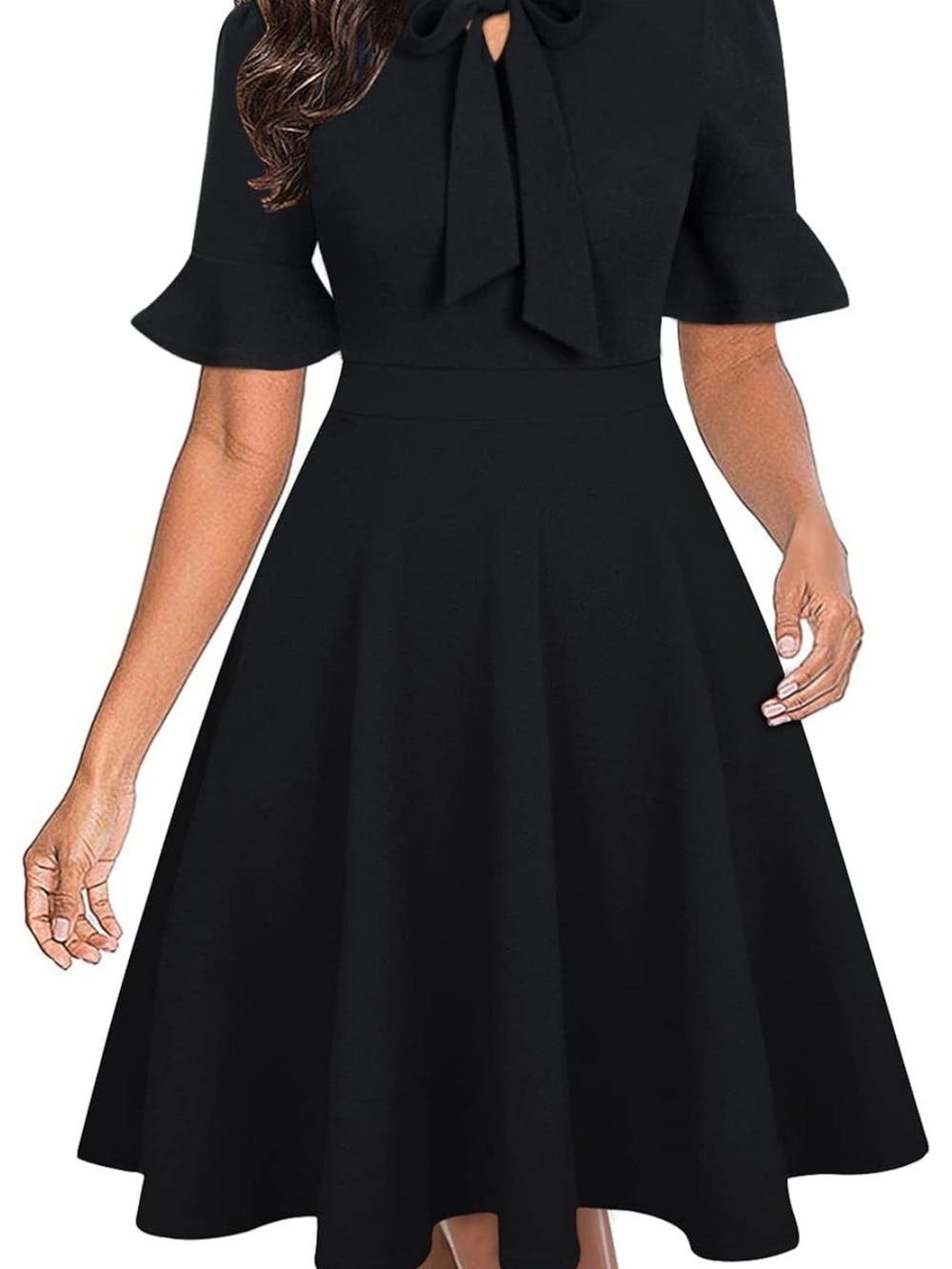 Elegant Black Midi Fit-and-Flare Dress with Bow Tie Neck